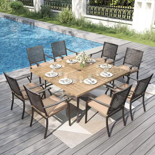 Vista 29 de PHI VILLA Juego de comedor al aire libre de 5 piezas para 4, sillas apilables con cojines y mesa cuadrada de madera de 37 pulgadas con agujero