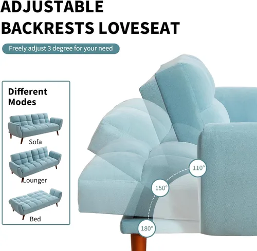 Vista 4 de Sofá cama futón convertible, sofá cama de lino, 75 pulgadas de ancho, moderno sofá capitonado de 3 plazas con respaldos ajustables y patas de madera