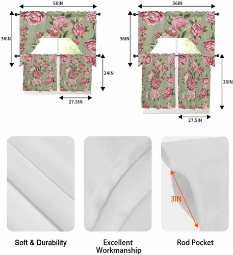 Vista 6 de Juego de cortinas de cocina con festón floral verde salvia, cenefa y nivel, 24 pulgadas de largo, diseño retro de flores rosa pastel, cortinas