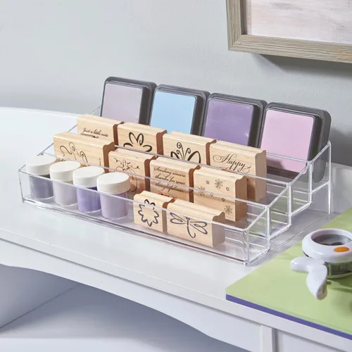 Vista 7 de STORi Organizador de tocador de plástico transparente de varios niveles Soporte rectangular de 4 niveles para maquillaje, paletas de sombras