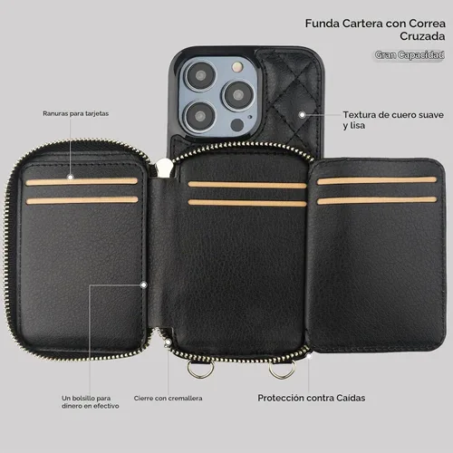 Vista 7 de Bocasal Funda tipo cartera cruzada para iPhone 14 Pro Max, con bloqueo RFID, de piel sintética, con cremallera, funda tipo cartera con función atril