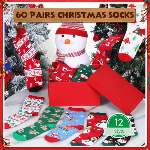 Vista 2 de 60 pares de calcetines de Navidad a granel para mujeres y hombres, calcetines de algodón coloridos de Navidad