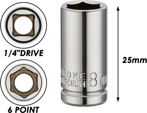 Vista 4 de MIXPOWER 4 piezas de enchufe de 1/4" de 8 mm profundo y poco profundo, 6 puntas, acero Cr-V, 8 mm