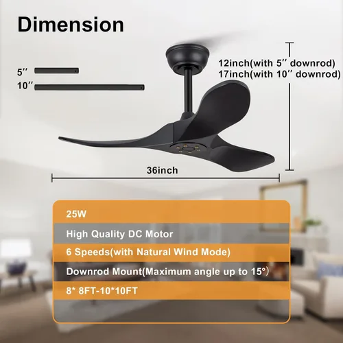 Vista 2 de Ventilador de techo negro de 36 pulgadas sin luz, ventilador de techo de madera maciza sin luz, motor CC reversible, 6 velocidades, silencioso negro