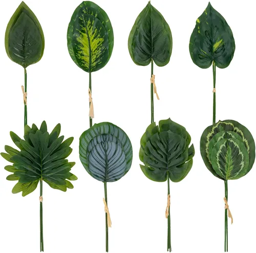 Vista 15 de DILATATA Hojas Artificiales de Monstera con Tallos de 28", Hojas Tropicales de Imitación Otoñales Falsas de Seda Naranja Monstera, Ramas de Palma