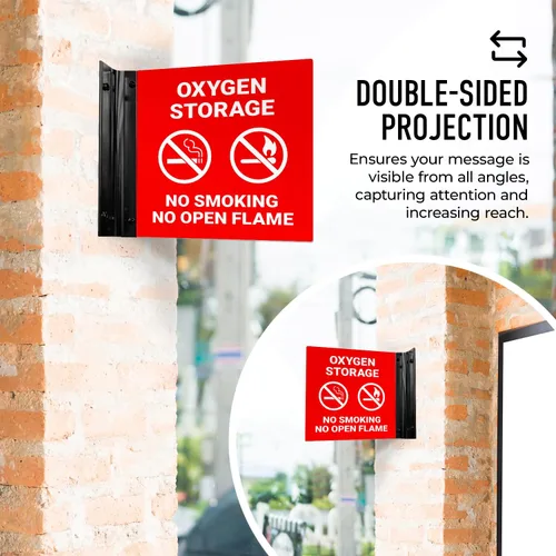 Vista 3 de Letrero de almacenamiento de oxígeno con texto en inglés "No Smoking No Open Flame Projecting", doble cara, 6x6 pulgadas, ACM, con accesorio negro