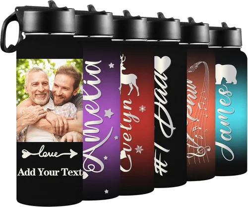 Vista 7 de Botellas de agua personalizadas para niñas, de acero inoxidable con aislamiento de doble pared con pajita, botella de agua de color degradado