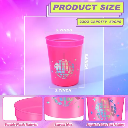 Vista 3 de Tioncy 50 vasos de plástico de 16 onzas para fiesta de discoteca para despedida de soltera, vasos reutilizables a granel de los años 70, 80, 90