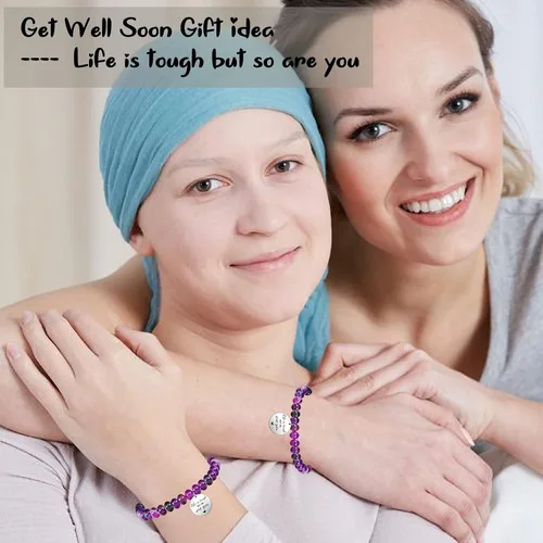 Vista 3 de Haoze Regalos para mujeres, cuentas de amatista, Life is Tough But So Are You, pulsera inspiradora Feel Better Get Well Soon, regalo para mujeres