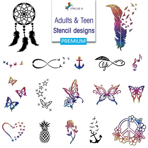 Vista 7 de INGALA Juego de tatuajes artísticos con purpurina de alta calidad, 146 diseños únicos para niños, adolescentes y adultos. Adecuado para henna
