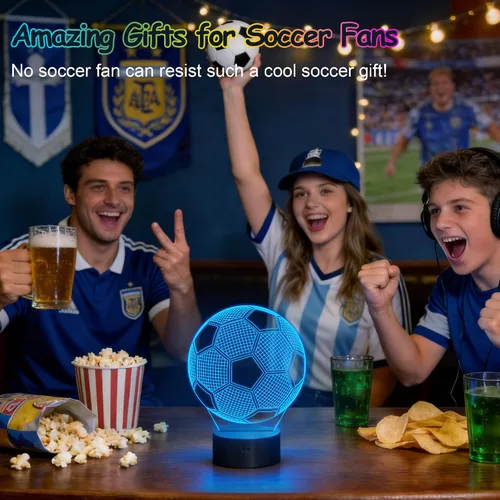 Vista 2 de FULLOSUN Luz nocturna para niños, fútbol, lámpara de ilusión óptica 3D con control remoto, 16 colores cambiantes, fútbol, cumpleaños, Navidad, día