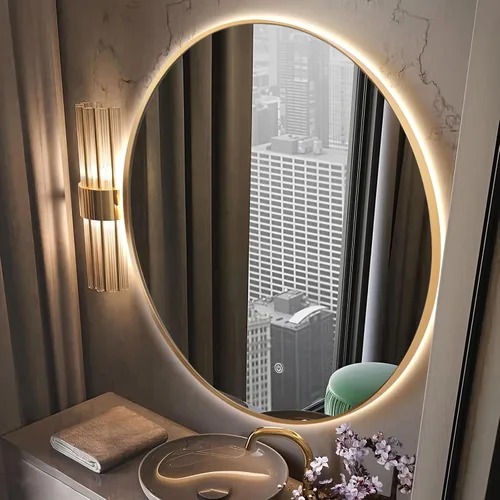 Vista 27 de Espejo de Baño LED Redondo de 24", Espejo de Tocador Retroiluminado Montado en Pared con Marco Biselado de 45°, Espejo Iluminado para Dormitorio