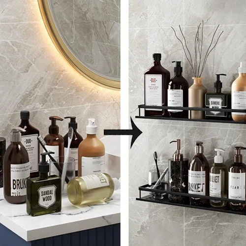 Vista 7 de Estante flotante de 20 pulgadas montado en la pared, estante de almacenamiento decorativo para ducha, estante organizador de metal para baño, sala
