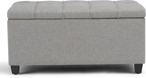 Vista 5 de SIMPLIHOME - Otomana Shiloh de cuero vegano de 48 pulgadas de ancho en color marrón castaño Otomana de transición con tapa capitoné y elevable