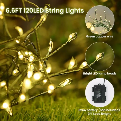 Vista 4 de Dailyart - Cadena de luces LED de 6 pies con 120 microestrellas, funciona con pilas, impermeable, alambre de cobre verde oscuro, para guirnalda