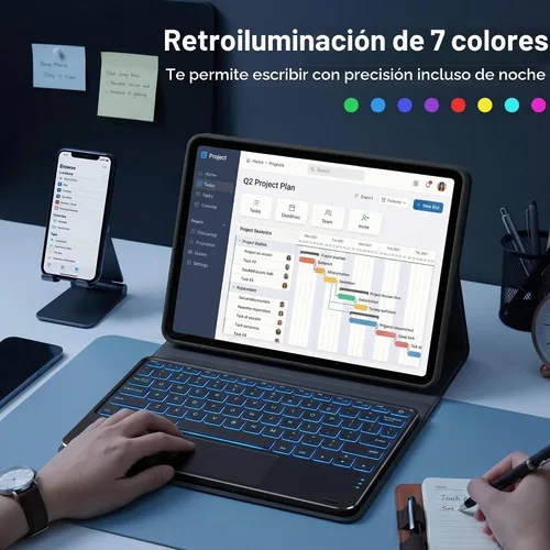 Vista 6 de Funda de teclado retroiluminada con panel táctil para Galaxy Tab A7 Lite de 8.7 pulgadas 2021 (SM-T220/T225), cubierta de piel sintética con teclado