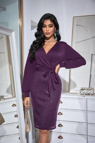 Vista 2 de GRACE KARIN Vestido de fiesta brillante con lentejuelas para mujer, vestido de cóctel ajustado con purpurina de manga larga