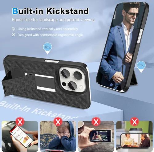Vista 5 de Fingic Funda para iPhone 15 Pro - Carcasa delgada combinada con soporte, funda giratoria con clip para cinturón - Funda protectora resistente a