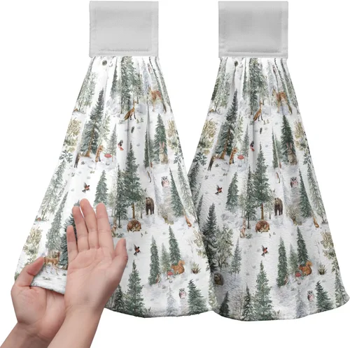 Vista 23 de Juego de 2 toallas de cocina colgantes de hojas tropicales de verano, color verde, hojas de palmera, con bucles para colgar, suaves y absorbentes