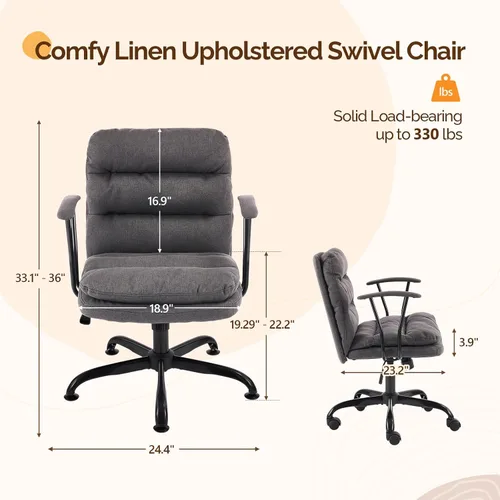 Vista 2 de VINGLI Silla de escritorio acolchada gris con/sin ruedas, base doble, reposabrazos extraíbles, ajustable y cómoda silla giratoria para computadora