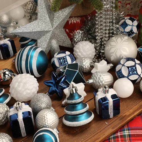 Vista 5 de 100 piezas de juego de adornos de Navidad azul y blanco – Kit de bolas de decoración de árbol de Navidad inastillables con estrella de copa