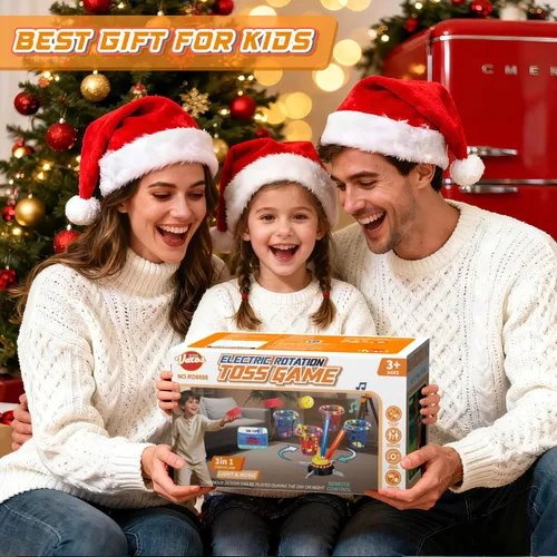 Vista 7 de VATOS Juego 3 en 1 de Sacos de Frijoles y Lanzamiento de Anillos, Salto Musical para Niños, Base Giratoria Eléctrica con Control Remoto, Luces, 12