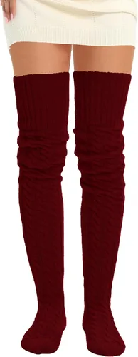 Vista 5 de SherryDC Calcetines hasta el muslo de punto trenzado para mujer, calentadores de piernas, extra largos por encima de la rodilla, medias altas
