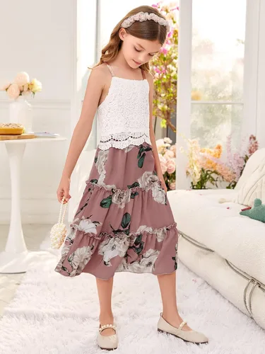 Vista 3 de WDIRARA Conjunto de 2 piezas para niña con encaje en contraste y falda con volantes y estampado floral