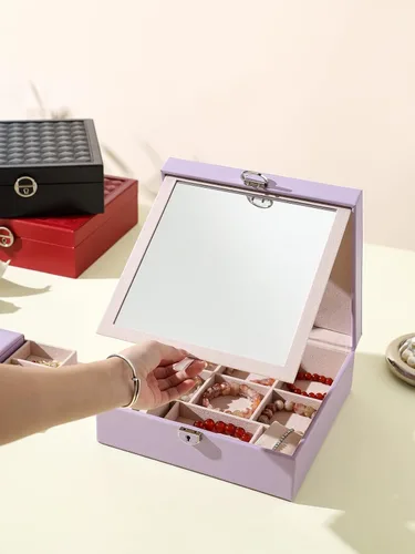 Vista 6 de AOSIFIEL Joyero con cerradura para organizador de joyas de viaje con espejo para mujeres, adolescentes y niños, estuche de joyería de escritorio