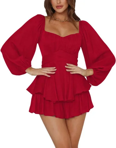 Vista 16 de LYANER Mono de Mujer de Manga Farol Larga con Volantes en Capas y Lazo Mini Corto Romper