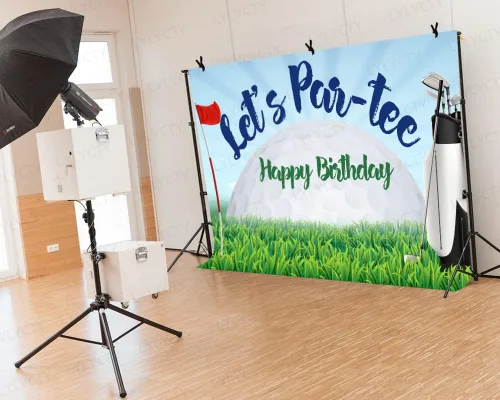 Vista 5 de Telón de fondo de cumpleaños de golf de 7 x 5 pies, Let's Par-Tee, campo de golf, tema deportivo para fiesta de cumpleaños, decoración de mesa