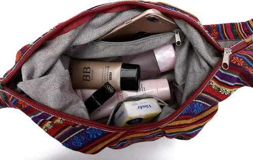 Vista 5 de Bolsa de hombro para mujer, de lona en estilo hippiebohemio para llevar cruzada al hombro, disponible en diferentes colores y estampados