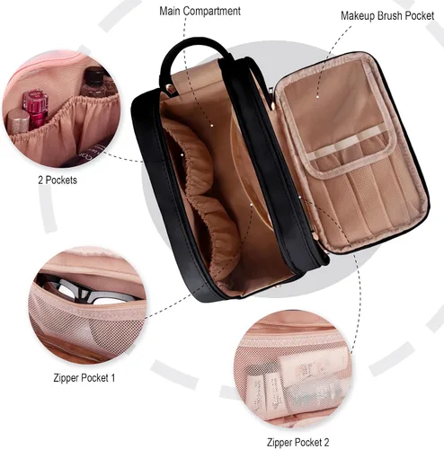 Vista 3 de Neceser de aseo personal, organizador de artículos de aseo de viaje de piel sintética, doble cremallera, bolsa de cosméticos de viaje de gran Negro