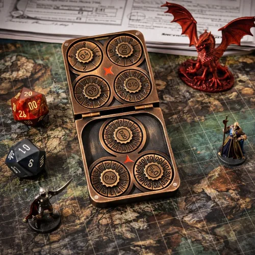 Vista 3 de Juego de dados giratorios de metal 7 en 1 para Dungeons & Dragons – Dados giratorios de bolsillo con tapa D4 D6 D8 D10 D12 D20 D% – Accesorio