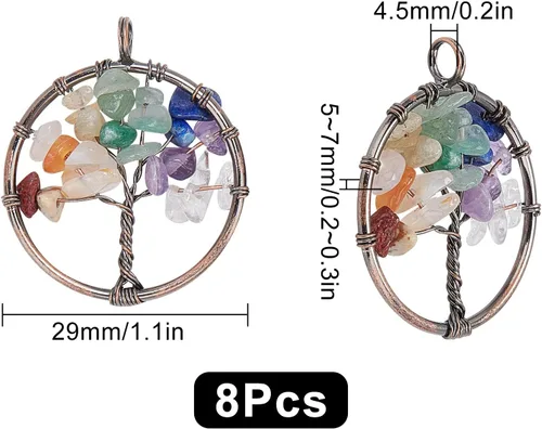 Vista 2 de SUNNYCLUE 8 dijes de árbol de la vida, piedras preciosas de cristal de cuarzo, planas, redondas, con agujero para joyería y pulsera, chakras, collar
