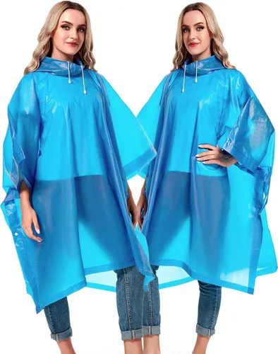Vista 27 de Paquete de 2 ponchos de lluvia para adultos, reutilizables, impermeables, de supervivencia, emergencia, resistente, con capucha con cordón