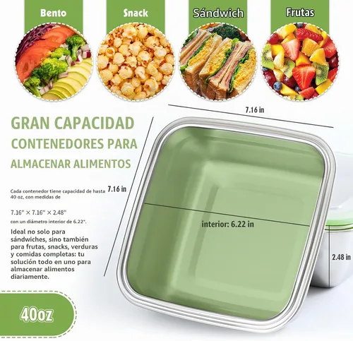 Vista 2 de Paquete de 2 recipientes para sándwich, caja de sándwich de acero inoxidable de 40 onzas con tapas herméticas, cajas de almuerzo reutilizables