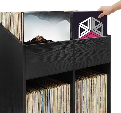Vista 10 de Crosley Furniture Enzo - Moderno soporte de almacenamiento de discos de vinilo, estantes abatibles orientados hacia adelante para discos, color negro
