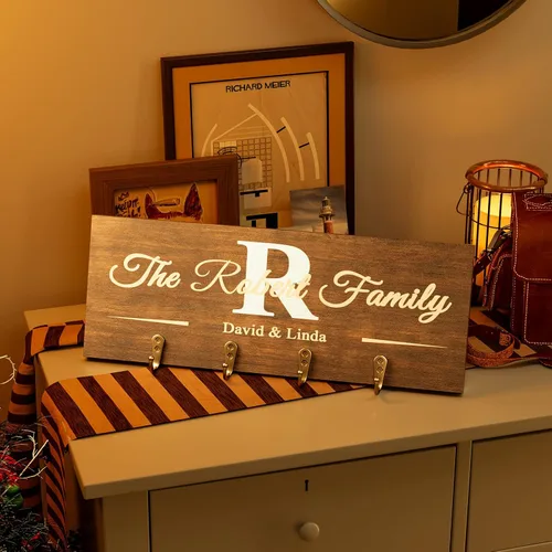 Vista 6 de Ganchos de madera personalizados para decoración de pared, regalos de inauguración de la casa para el nuevo hogar, letrero de nombre de familia