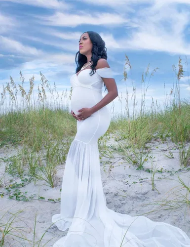 Vista 6 de ORQ Vestido de gasa de maternidad con hombros descubiertos para accesorios de fotos, vestido maxi de fotografía para sesión de fotos