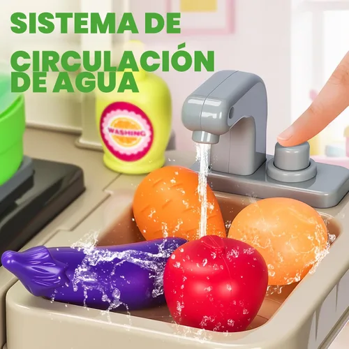 Vista 4 de Juego de cocina para niños, juego de cocina para niños pequeños, juguetes con sonido y luz, estufa de cocina, fregadero de juegos, accesorios