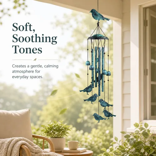 Vista 2 de Campanillas de viento de pájaros para exteriores, campanillas de viento para exteriores con 4 tubos grandes de aluminio y gancho en S - decoración