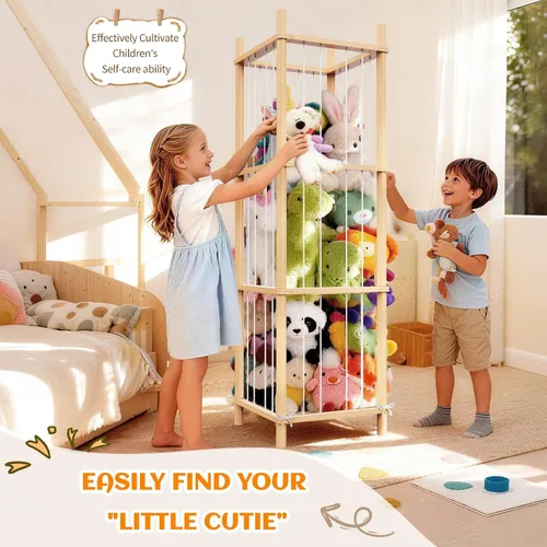 Vista 6 de Organizador grande de almacenamiento de animales de peluche y juguetes, 3 capas de 54 pulgadas de madera, lindo soporte de juguetes de zoológico