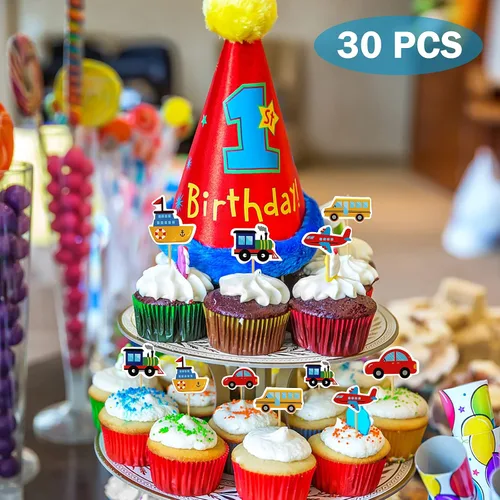 Vista 3 de Paquete de 30 adornos para cupcakes de transporte, para automóvil, camión, tren, avión, barco, fiesta, decoración de tartas para niños, cumpleaños