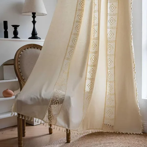 Vista 22 de Deeprove - Cortinas bohemias de 63 pulgadas de largo para dormitorio, rayas de lunares de punto hueco beige y patchwork de algodón y lino crema
