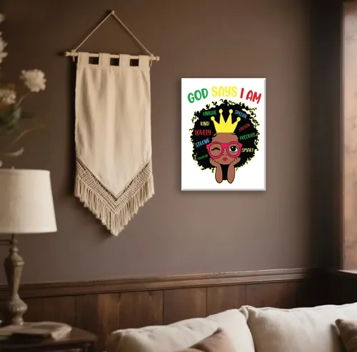 Vista 3 de Redland Art Decoración de Pared Motivacional para Niñas Negras en Lienzo Enmarcado Arte Cristiano Inspirador “Dios Dice Que Soy Yo” 29x37 cm