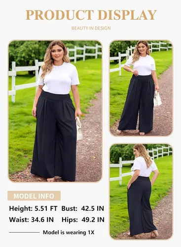 Vista 3 de Eytino Pantalones de pierna ancha para mujer, talla grande, casual, holgados, fruncidos, de cintura alta, pantalones palazzo (1X-5X)