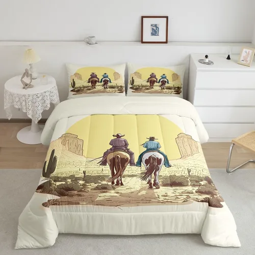 Vista 8 de Juego de edredón de vaquero individual, ropa de cama occidental para niños y hombres, ilustración dibujada a mano de caballo americano salvaje