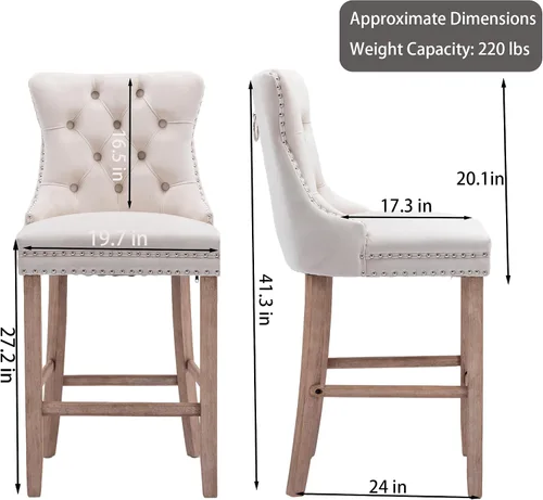 Vista 3 de Taburetes de bar tapizados de terciopelo modernos de 27 pulgadas con patas de madera, botón con cabeza de clavo cromada, taburetes de bar con Beige