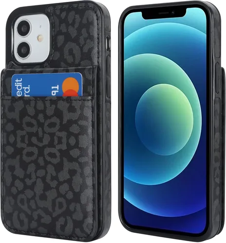 Vista 3 de Vaburs Funda compatible con iPhone 12 y iPhone 12 Pro con tarjetero de crédito, diseño de leopardo negro, cierre magnético de piel sintética de alta